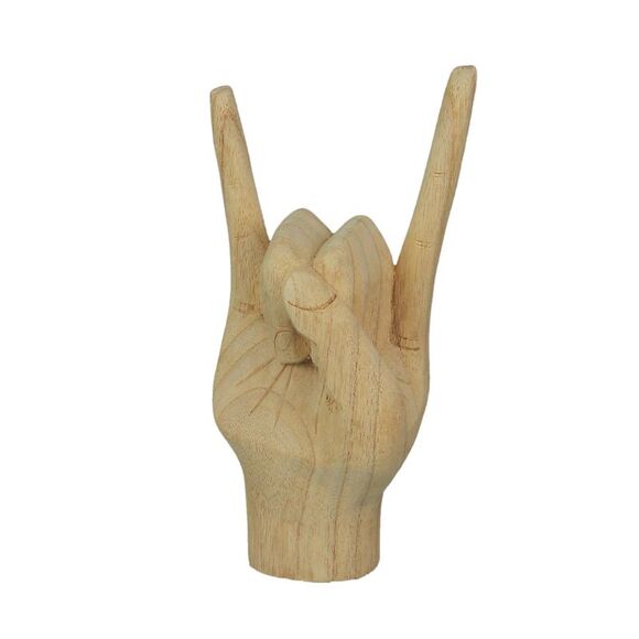 Carved Wooden Rock On Devil Horns Hand Gesture Statue Natural Finish Home Decor - Picture 1 of 7